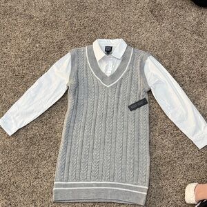 Derek Heart Gray Cable Knit dress with white shirt attached.